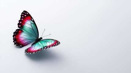 Elegant minimal butterfly with vibrant turquoise and pink wings on clean white background