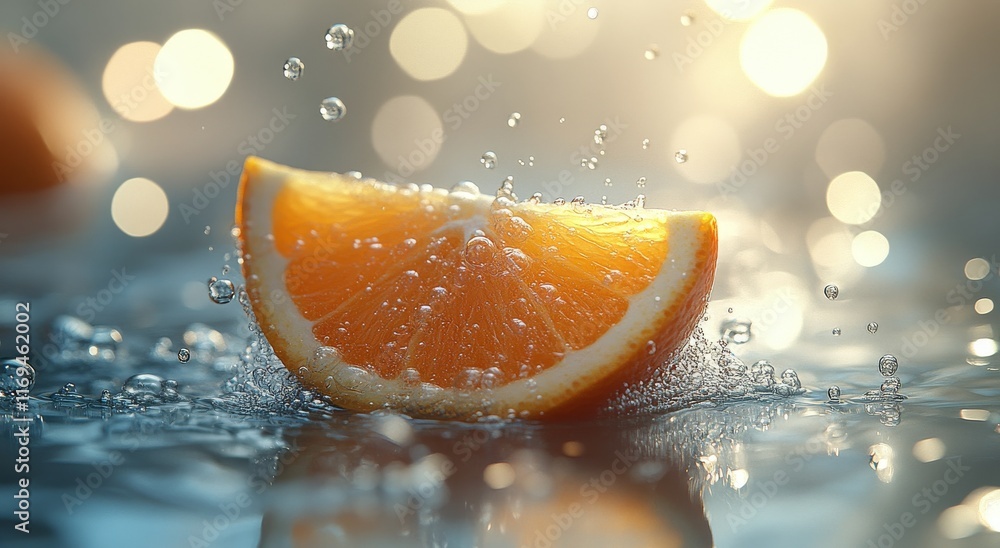 Poster sliced orange splashes in water creating bubbles and ripples reflecting sunlight in a bright atmosph