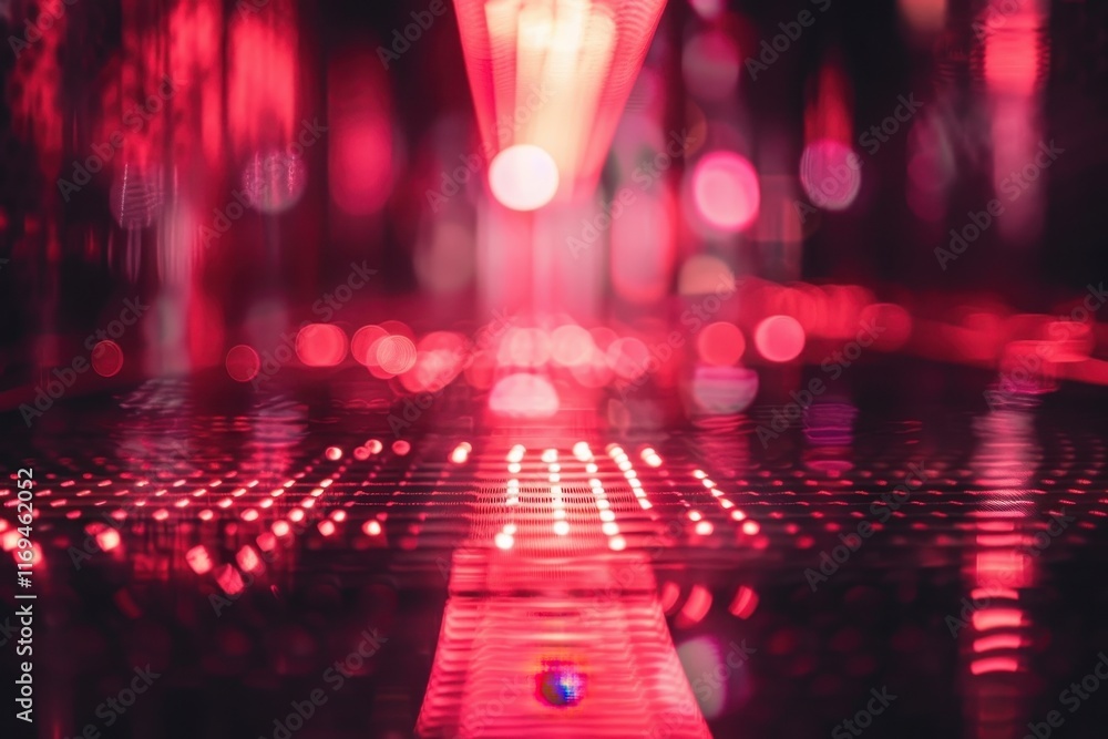 Poster Colorful illumination displays intricate patterns on a textured surface in a modern setting during nighttime