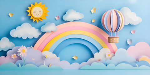 Vibrant pastel clouds and bright rainbows with cheerful sunlit sky