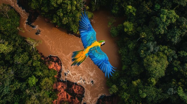 Amazonian Macaw in Flight: Aerial View of a Vibrant Bird Soaring Over a Lush Rainforest River