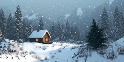 Cozy Cabin Snowfall Winter Mountain Forest Scene