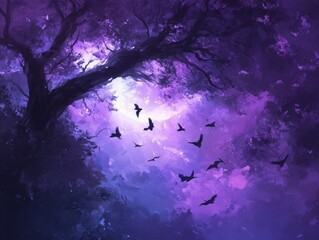 Fototapeta premium Enchanted Twilight: Birds in Purple Forest