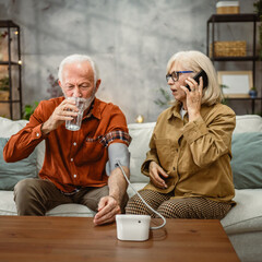 senior woman call help for her sick husband with high blood pressure