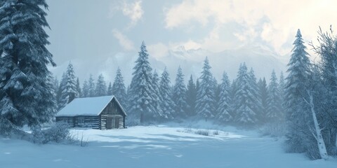 Naklejka premium Winter Cabin Nestled Amongst Snowy Mountains and Trees