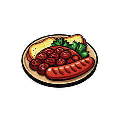 A vector illustration of a plate with grilled Spanish chorizo sausage, bread, and parsley.