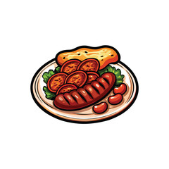 Vector illustration of a plate with a grilled Spanish chorizo sausage, tomato slices, bread and beans.