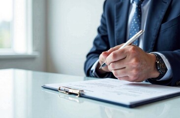 Close-up of a man in a suit writing on a document at a modern desk, professional environment with natural light
Concept: business, signing, office, contract, professionalism