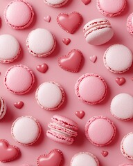Fototapeta premium Valentine's Day Pink Macarons Hearts Valentine s Day Sweets Romantic Treats Dessert Background
