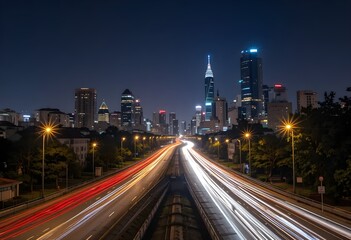 Obraz premium Light trails captured during nighttime city photography