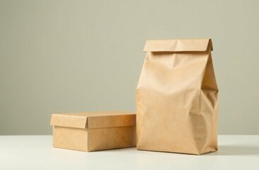 Minimalistic design featuring a brown paper bag and box on a neutral beige background, eco-friendly and clean aesthetic
Concept: packaging, eco-friendly, minimalism, design, sustainability