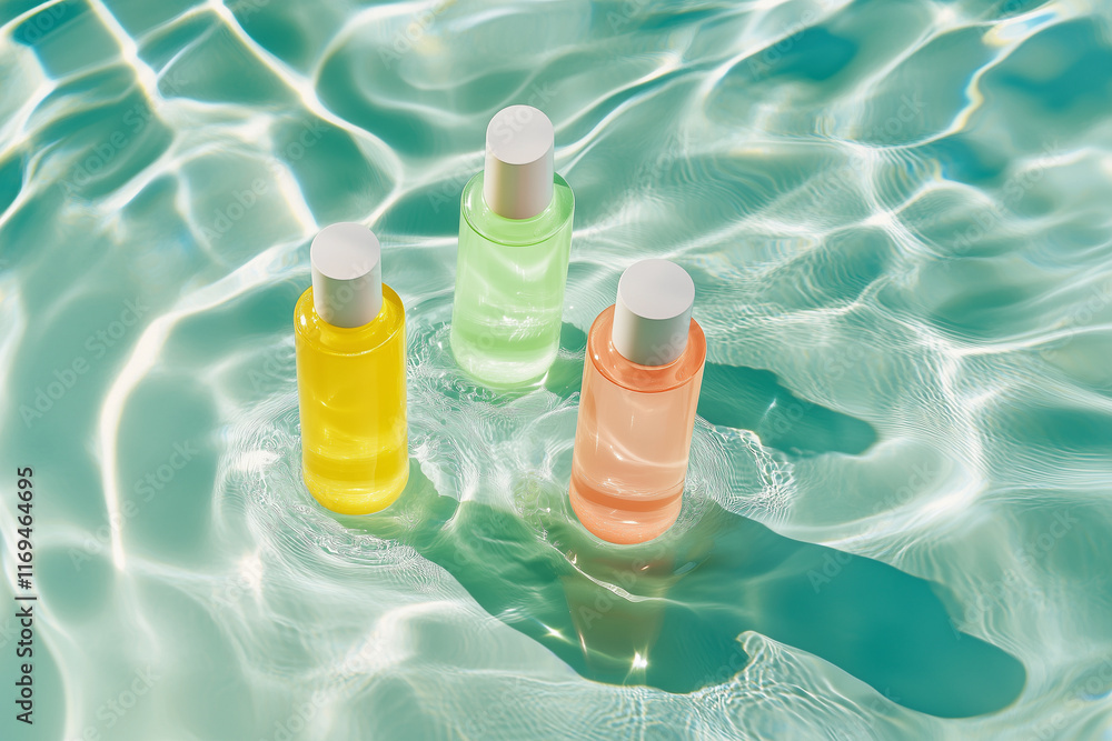 Aufkleber three bottles of lotion are floating in a pool of water. the bottles are different colors, with one 