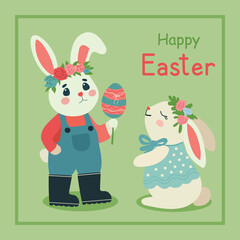 Hares on the day of bright Easter, egg, cute hare and bunny, postcard, banner, congratulations, vector.