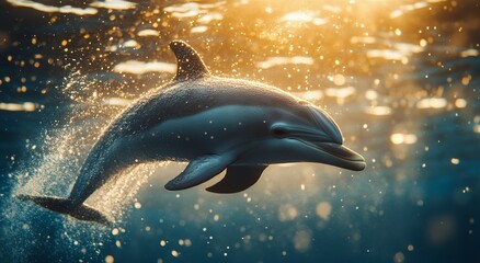 Obraz premium Dolphin swimming gracefully in clear blue water with bubbles surrounding it