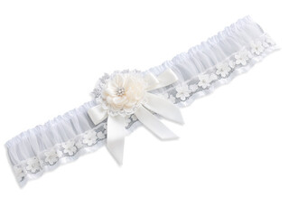 modern bridal garter crafted from translucent tulle with a minimalist satin ribbon and floral lace trim.