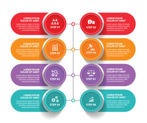 8 steps infographic template with 8 options. Flowchart that can be used for business report, data visualization and presentation. Timeline infographic elements vector illustration.