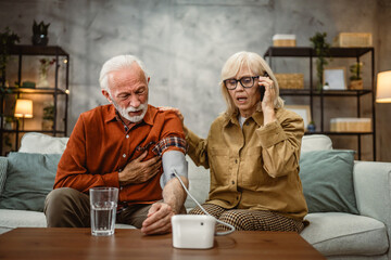 senior woman call help for her sick husband with high blood pressure