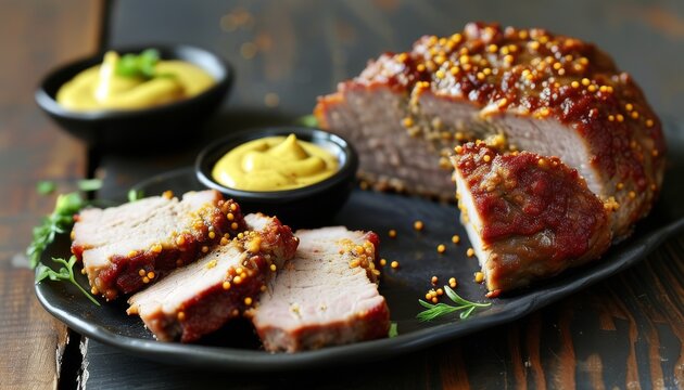 Slices of Leberkase Presented on a Black Plate with Mustard and Green Garnish