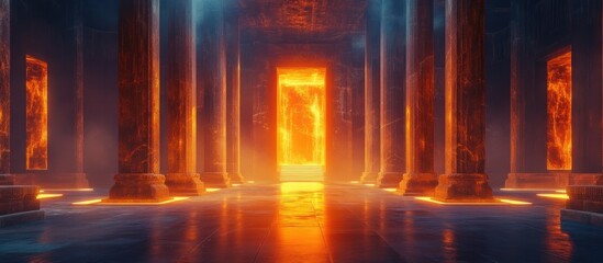 Majestic mystical marble hallway with glowing archways and dramatic ethereal lighting in a fantasy castle or ancient temple  The grandiose ornate architecture creates a sense of awe and wonder