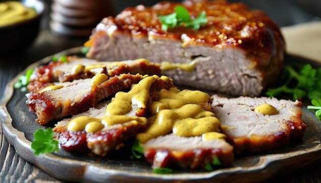 Deliciously Arranged Slices of Leberkas Topped with Mustard on a Rustic Wooden Plate