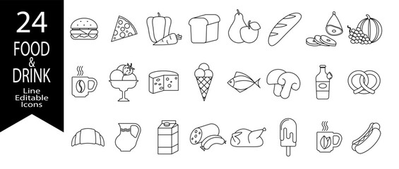 Set of 24 editable food and drink line icons. Vector illustration in thin line style of food related icons: vegetables, fruits, desserts, meat, fish, bakery products, drinks and more. Isolated on whit