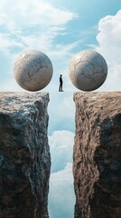 Conceptual Image of a Person Between Two Giant Eggs on a Cliff