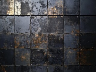 Dark Tiles Abstract Background:  A Grid of Distressed Metallic Squares