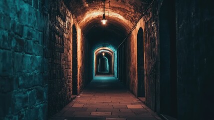 Fototapeta premium Mysterious Dark Corridor with Atmospheric Lighting and Stone Walls