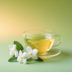 Delicate cup of herbal tea with jasmine flowers on a soft green background