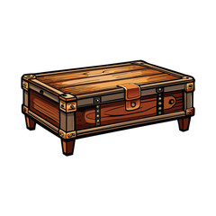 Illustration of a vintage wooden trunk with metal accents.