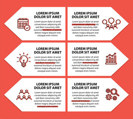 6 steps infographic template with 6 options. Flowchart that can be used for business report, data visualization and presentation. Timeline infographic elements vector illustration.