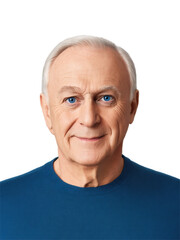 Obraz premium Older man with thinning hair and kind blue eyes, a friendly, approachable smile. He is dressed in a casual sweater.