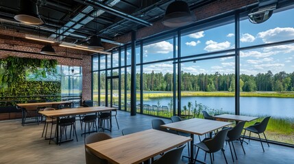 Fototapeta premium Modern Lakeside Dining Room with Panoramic Views