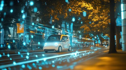 Fototapeta premium Autonomous Vehicle Night Drive: Cityscape Illumination