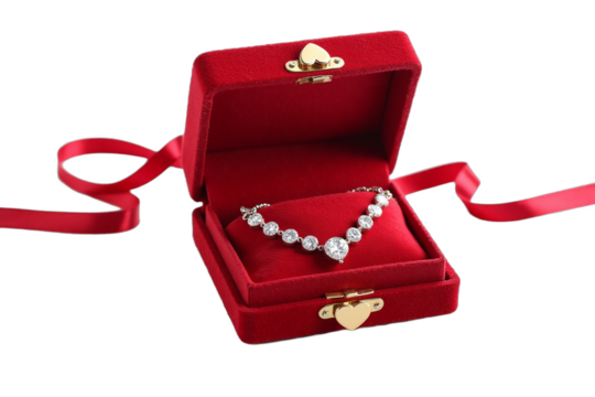 Valentine Day: A sparkling diamond necklace displayed in a red velvet box with a heart-shaped clasp, isolated on a white background.