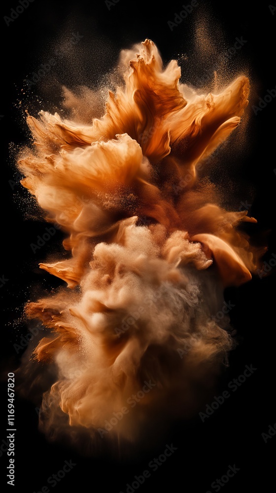 Poster abstract explosion of warm-toned powder against a black background. the swirling, dynamic shapes cre