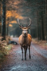 Fototapeta premium A stag with impressive antlers stands at the center of a narrow path in a tranquil forest. Surrounding trees show hints of autumn colors, creating a serene atmosphere