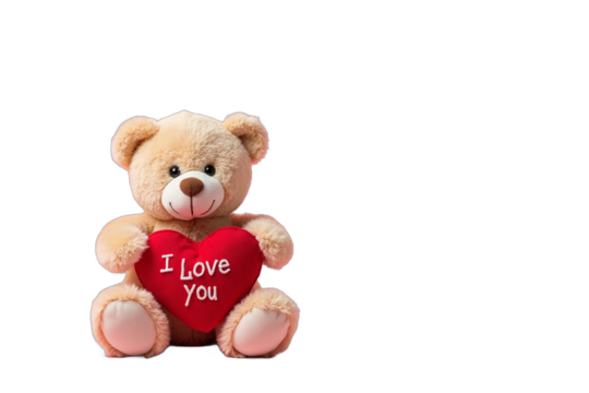 Valentine Day: A classic teddy bear holding a red heart pillow embroidered with 'I Love You' sitting against a pastel pink background.