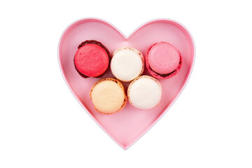 Valentine Day: A pastel-colored box of macarons arranged in a heart shape, with flavors like pink rose, red raspberry, and white vanilla. PNG transparent.