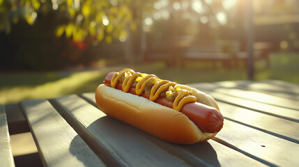 Hot dog with sausage and mustard and chopped vegetables on a table in the park