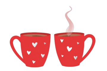 Valentine Day: A pair of matching red mugs with white heart patterns and steam rising from hot chocolate, isolated on a white background. PNG transparent.