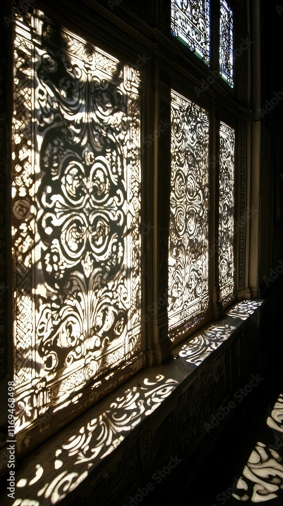 Poster intricate light patterns from decorative window design at dusk