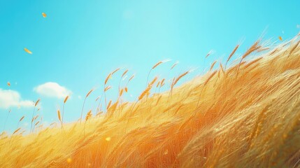 Golden wheat field swaying in the breeze under a bright blue sky