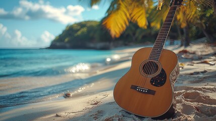 Acoustic guitar resting on sunny tropical beach with waves and palm trees