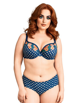 Middle Eastern woman with wavy auburn hair, green eyes, curvy body type, wearing a vintage-inspired bra with polka dots