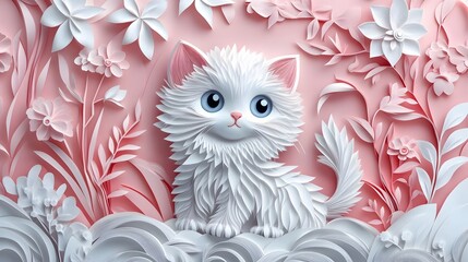 Fototapeta premium Animal, Cat, Paper Cut Art, Abstract Image, Texture, Pattern Background, Wallpaper, Cover and Screen for Smartphone, PC, Laptop, 9:16 and 16:9 Format