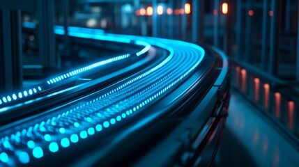 Naklejka premium Automated conveyor belt system with blue LED lights in industrial setting.