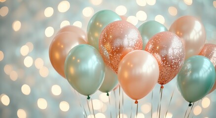group of metallic balloons in soft pastel colors, including rose gold, peach, and mint green