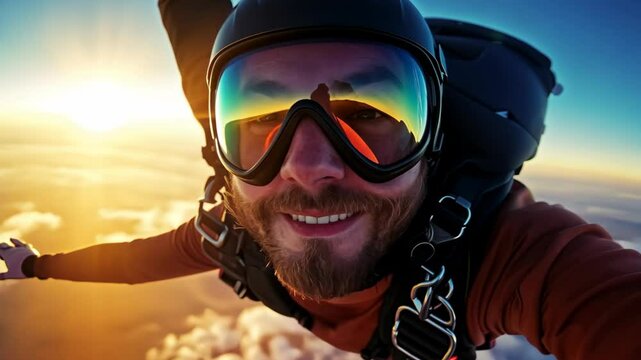 Skydiver capturing the thrill of freefall during a sunset over the clouds