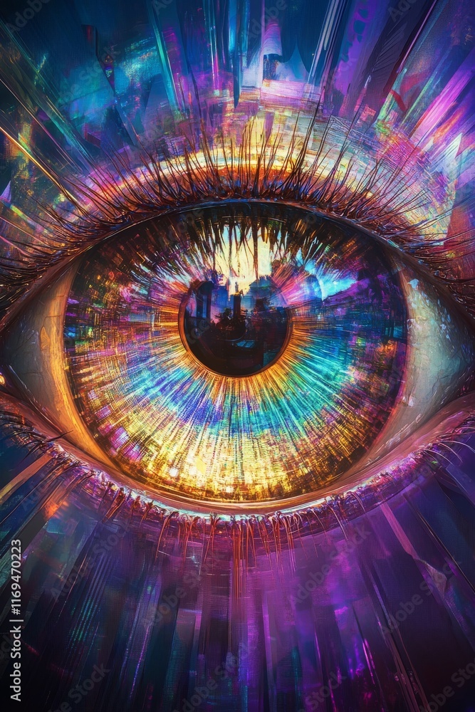 Poster vibrant light reflections from a modern lamp showcasing colorful patterns in an indoor setting